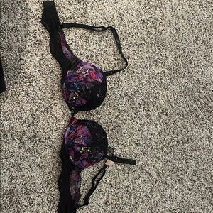 Victoria's Secret Black and Purple Floral Lace Bra
